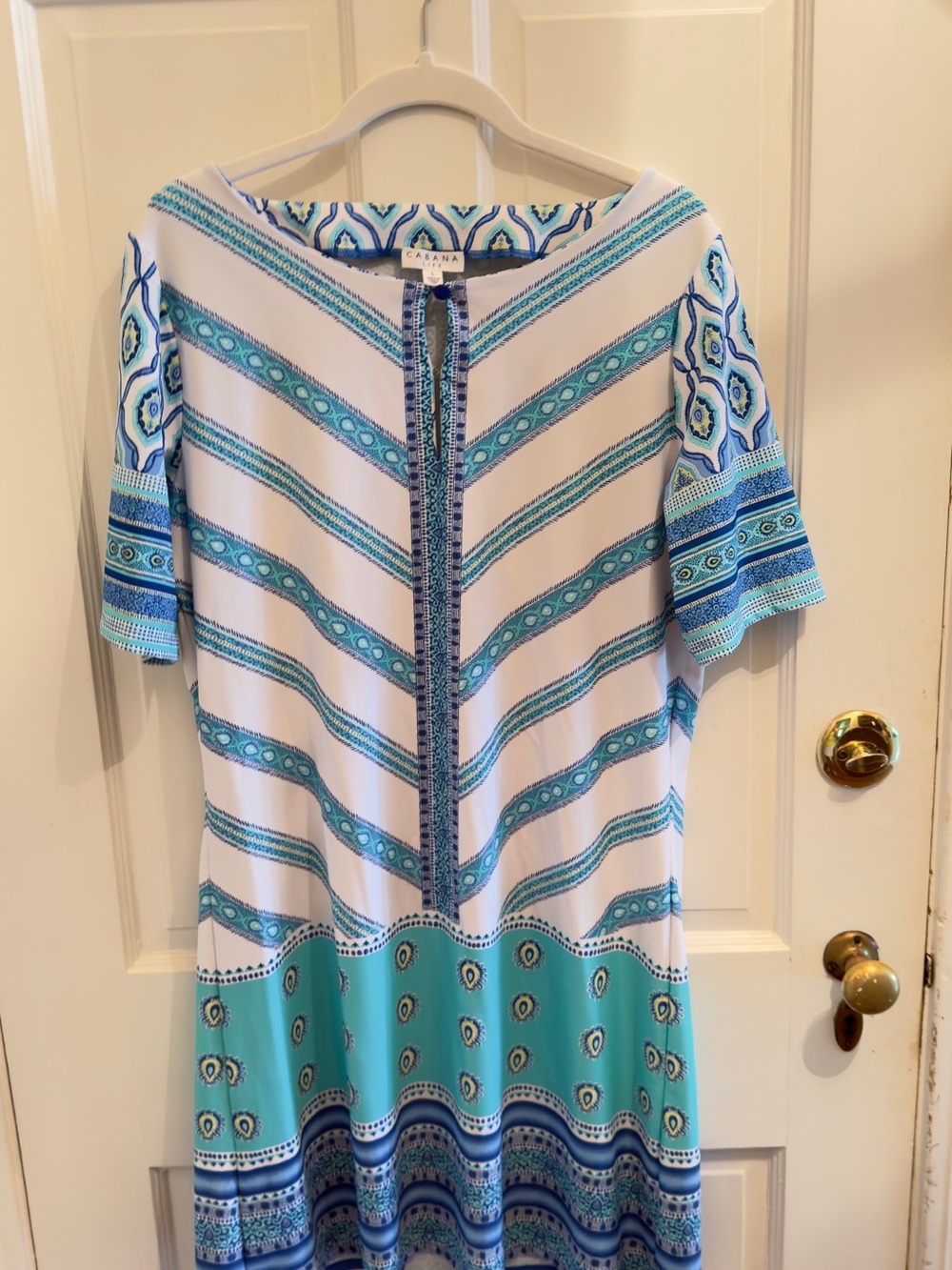 Cabana Life Blue Batik Medallion Print Keyhole Front Short Sleeve Dress